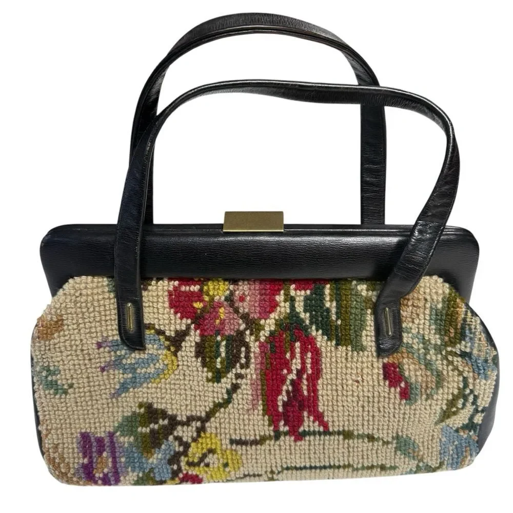 Vintage Jana Floral Needlepoint Tapestry Handbag 50s 60s Frame Top Clasp Closure